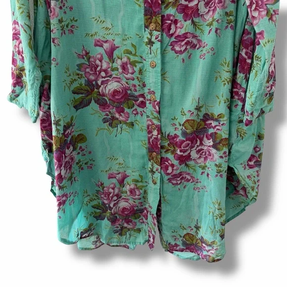 April Cornell Teal Cottage Rose Floral Print Button Down Tunic Top Boho Medium - Picture 3 of 13